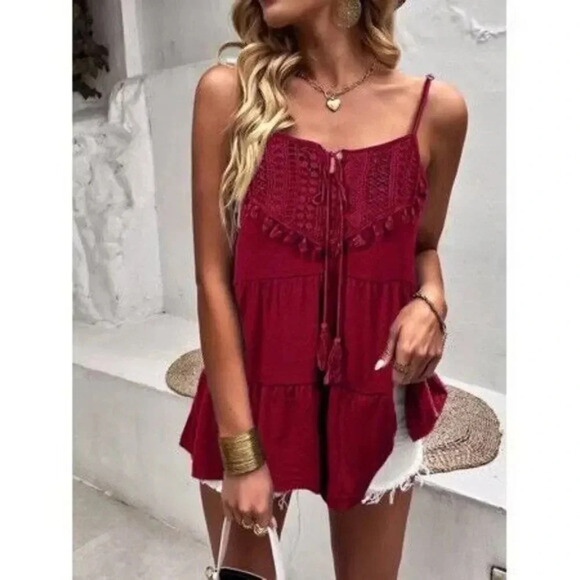 Boutique Red Lace Bust Tiered Tank Top M - Picture 1 of 3